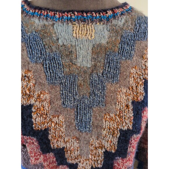 Hand Knit Sweater Crazy Quilt Intarsia Artsy Chevron Size Med Kilim Geometric - Picture 5 of 8